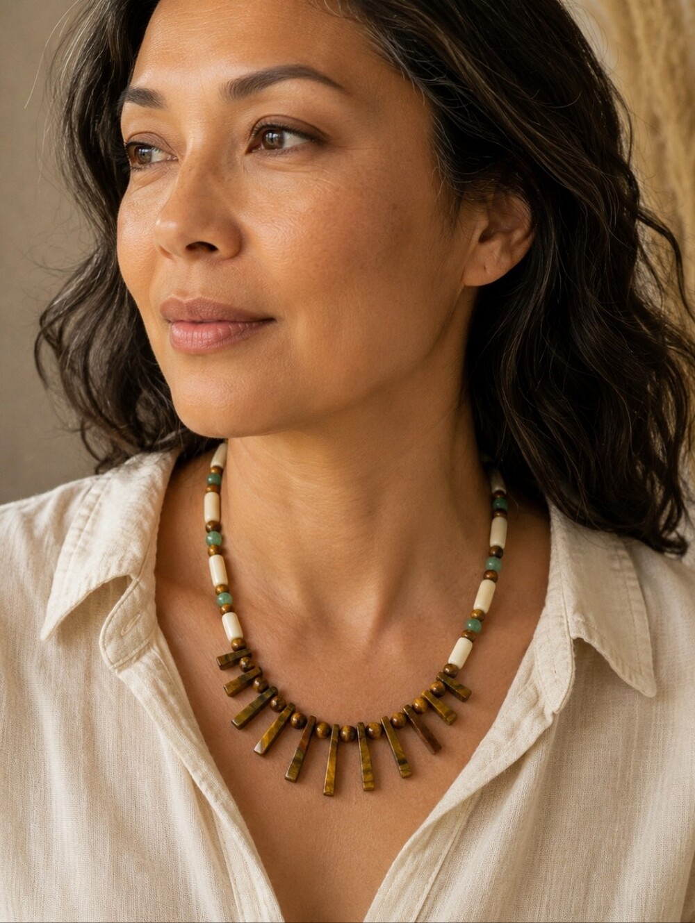Vintage Tiger Eye Jade Statement Necklace Tribal Boho 18"